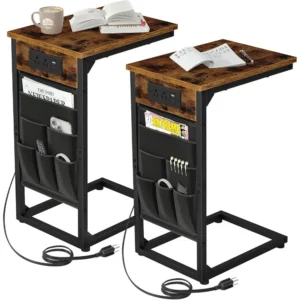 C Shaped End Table With Charging Station, TV Tray Set Of 2,