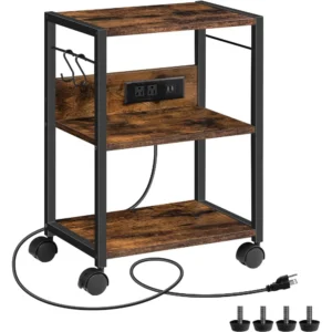 3-Tier Mobile Printer Cart with Outlets USB Rustic Brown